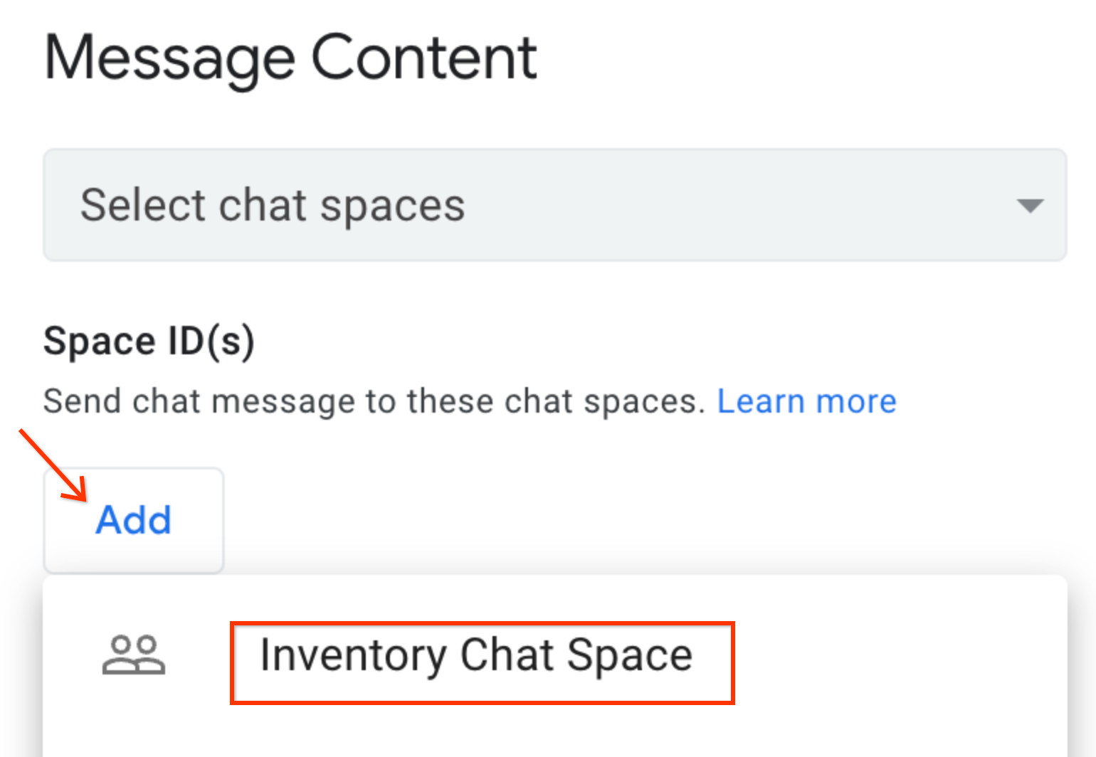 Adding Chat Space to Chat automation.