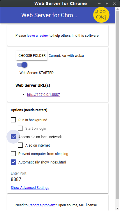 ضبط Chrome Web Server