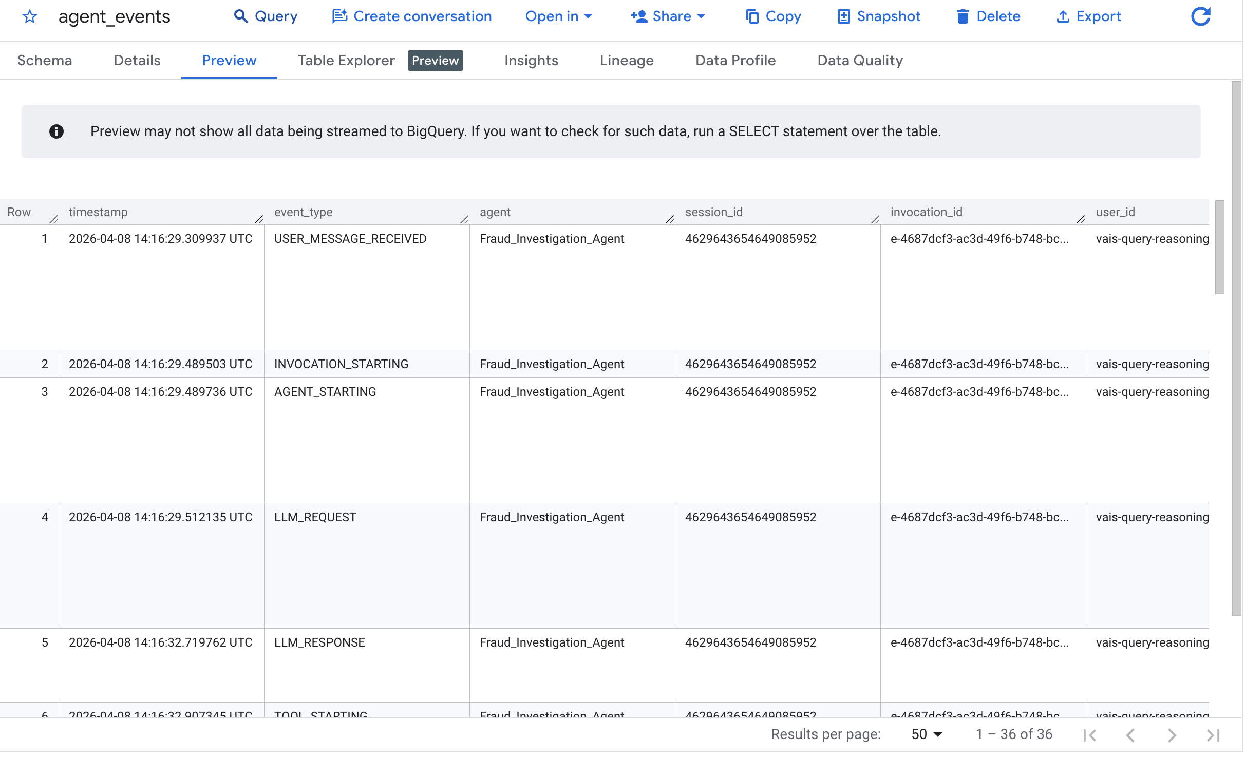 BigQuery 에이전트 이벤트 미리보기