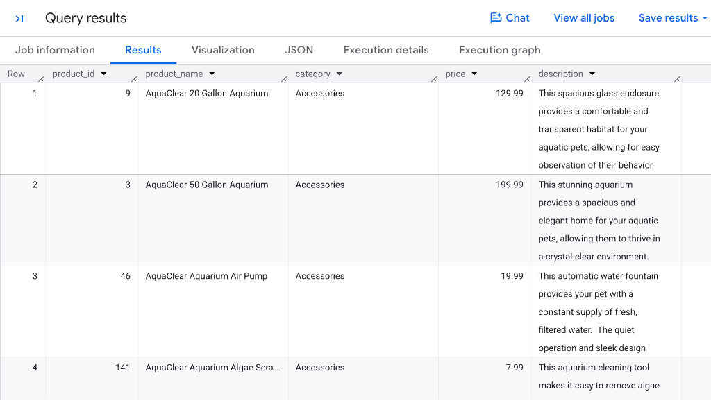 Résultats de requête BigQuery Studio affichant des enregistrements du catalogue de produits