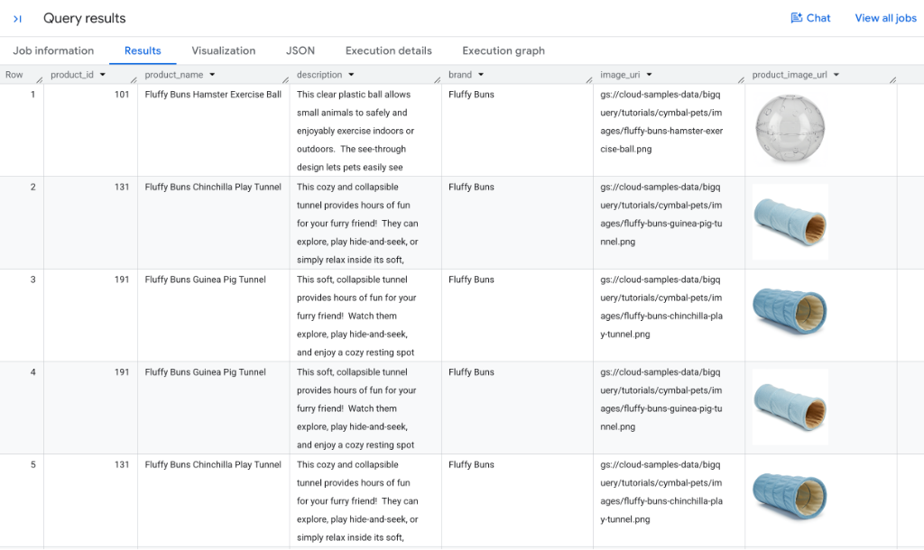 BigQuery Studio Query Results showing semantic joins between products and images