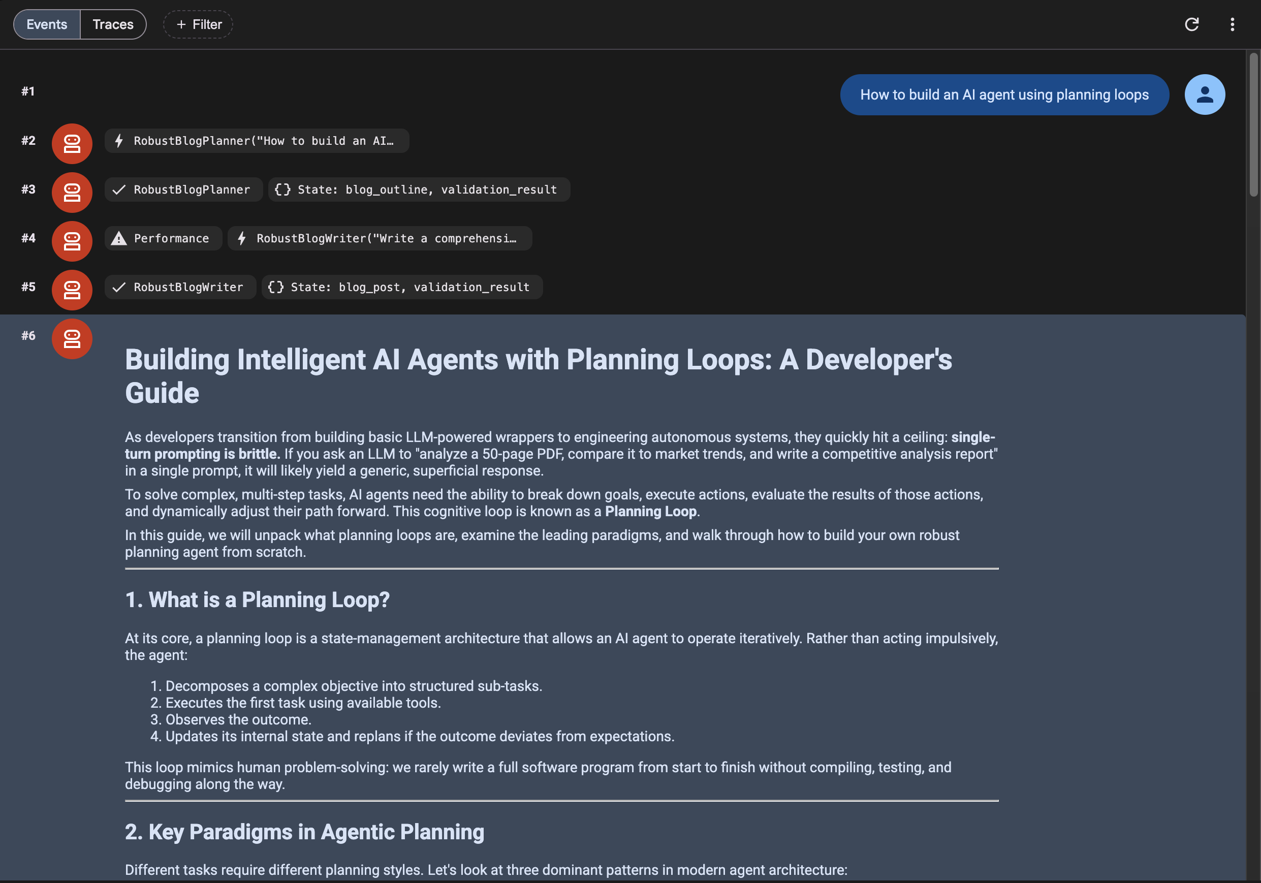 ADK Web UI Conversation Trace and Output