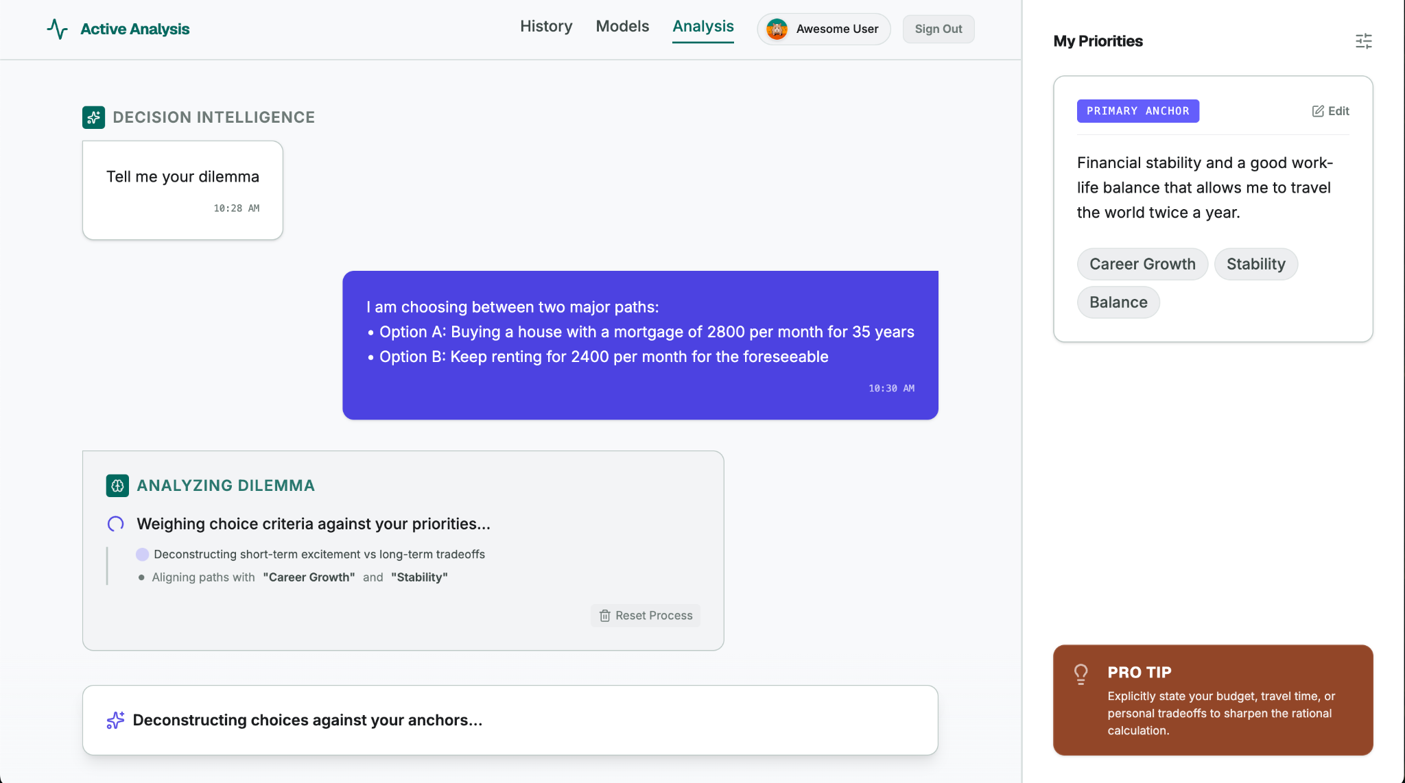 Screenshot of the Decide For Me application showing the chat interface and priorities panel