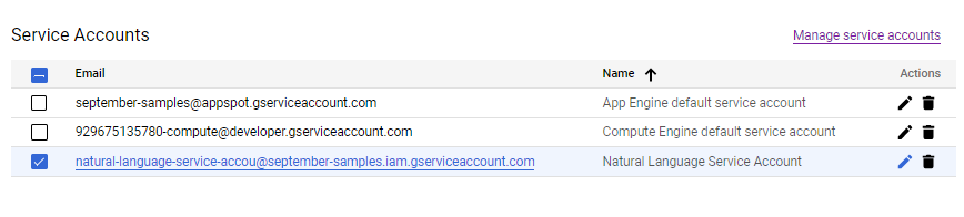 Il riquadro Service account mostra un elenco di account.