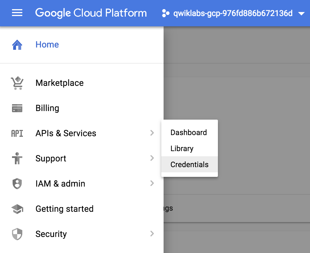 Navigation menu showing APIs & Services and Credentials options.