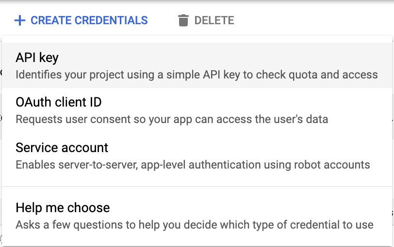 Panel kredensial yang menampilkan opsi CREATE KREDENSIAL dan kunci API.