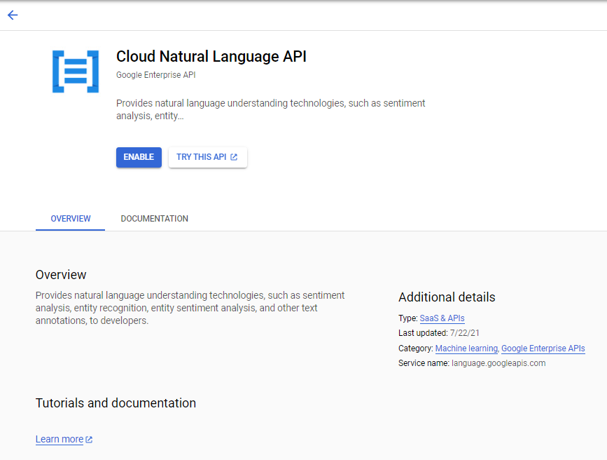 Cloud Natural Language API pane showing ENABLE and TRY THIS API buttons.