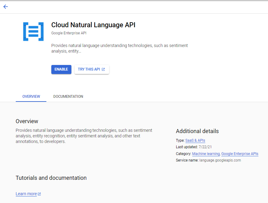 사용 설정 및 이 API 사용해 보기 버튼이 표시된 Cloud Natural Language API 창