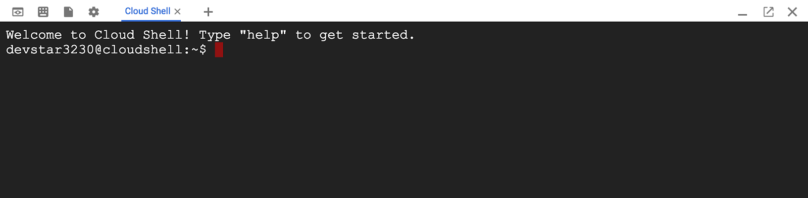 Cloud Shell showing command-line prompt.
