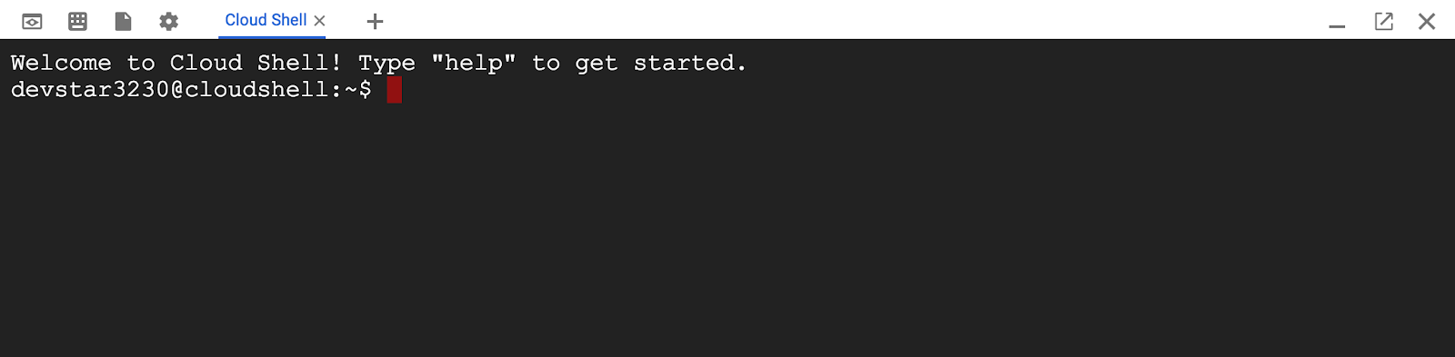 コマンドライン プロンプトを表示する Cloud Shell。