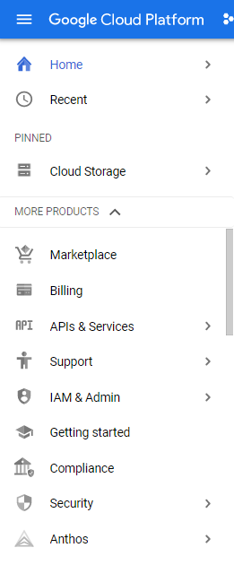 القائمة الرئيسية في Cloud Console تعرض واجهات برمجة التطبيقات الخدمات.