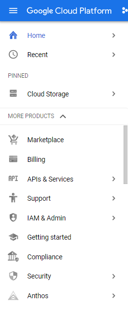 Navigation menu in the Cloud Console showing APIs & Services option.