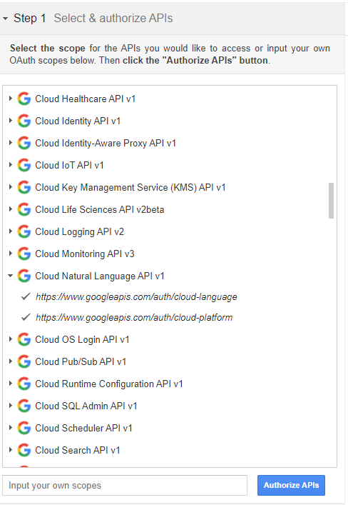 OAuth 2.0 Playground showing the Cloud Natural Language APIs selected.