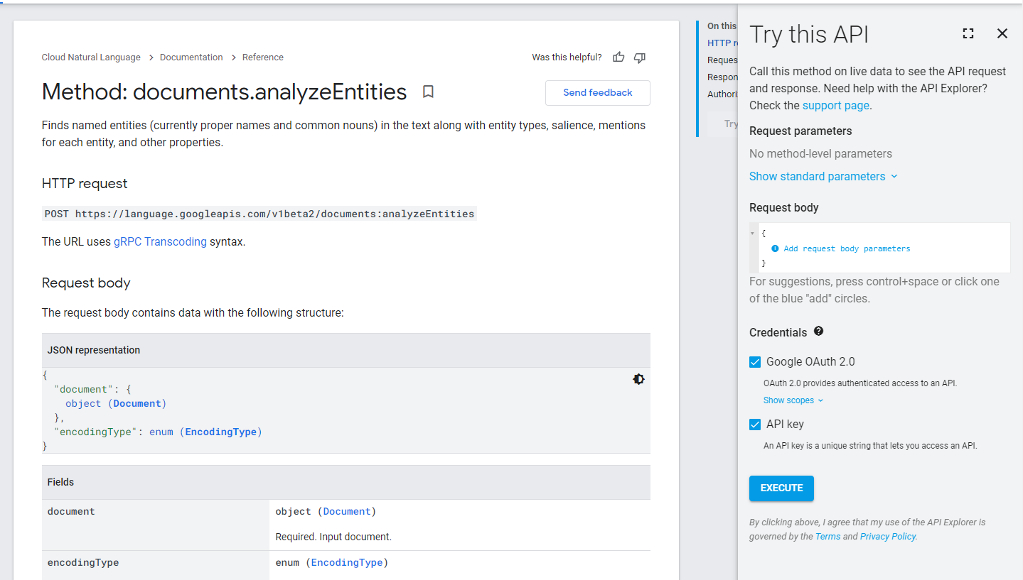 Page for the analyzeEntitites method showing the method's details and a Try this API pane.  