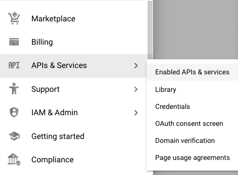 The Navigation menu in the Cloud Console showing "APIs & Services" and "Enabled APIs & services" selected.