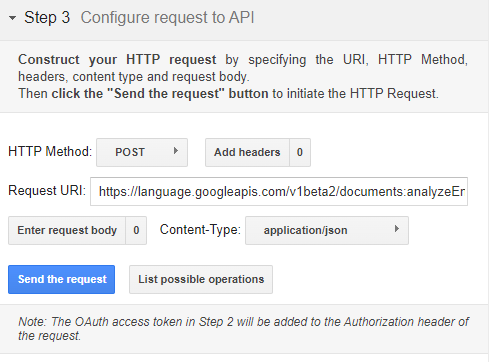 Configure request to API pane, from where you can select the HTTP method, register the request URI, enter the request body, and send the request.