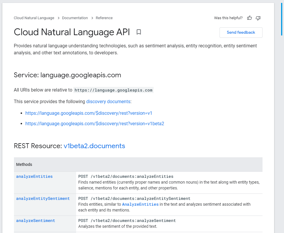 The Cloud Natural Language API's reference page.