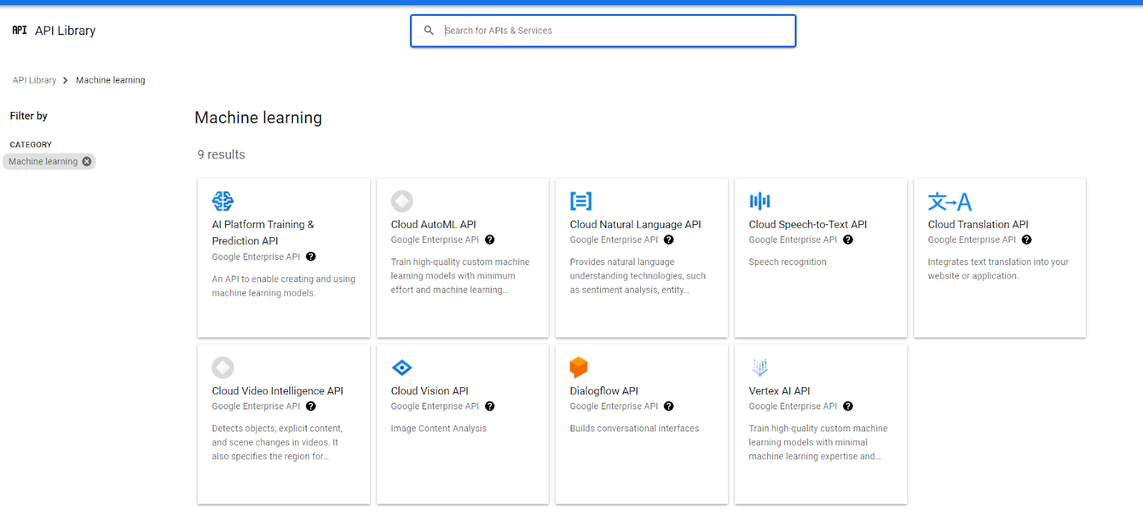 APIs filtered by CATEGORY to show only Machine learning APIs.