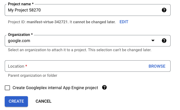 「New Project」窗格顯示「Project name」、「Organization」和「Location」欄位。