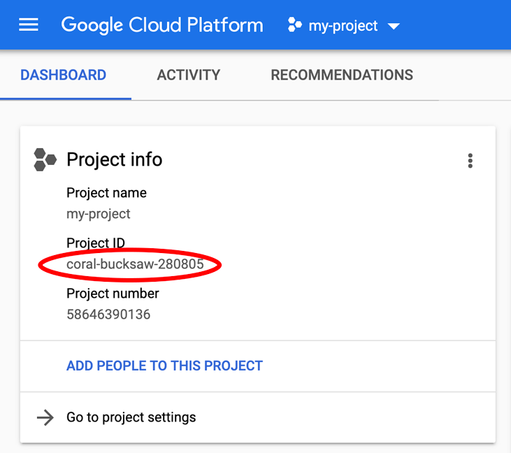 لوحة معلومات المشروع في Cloud Console.