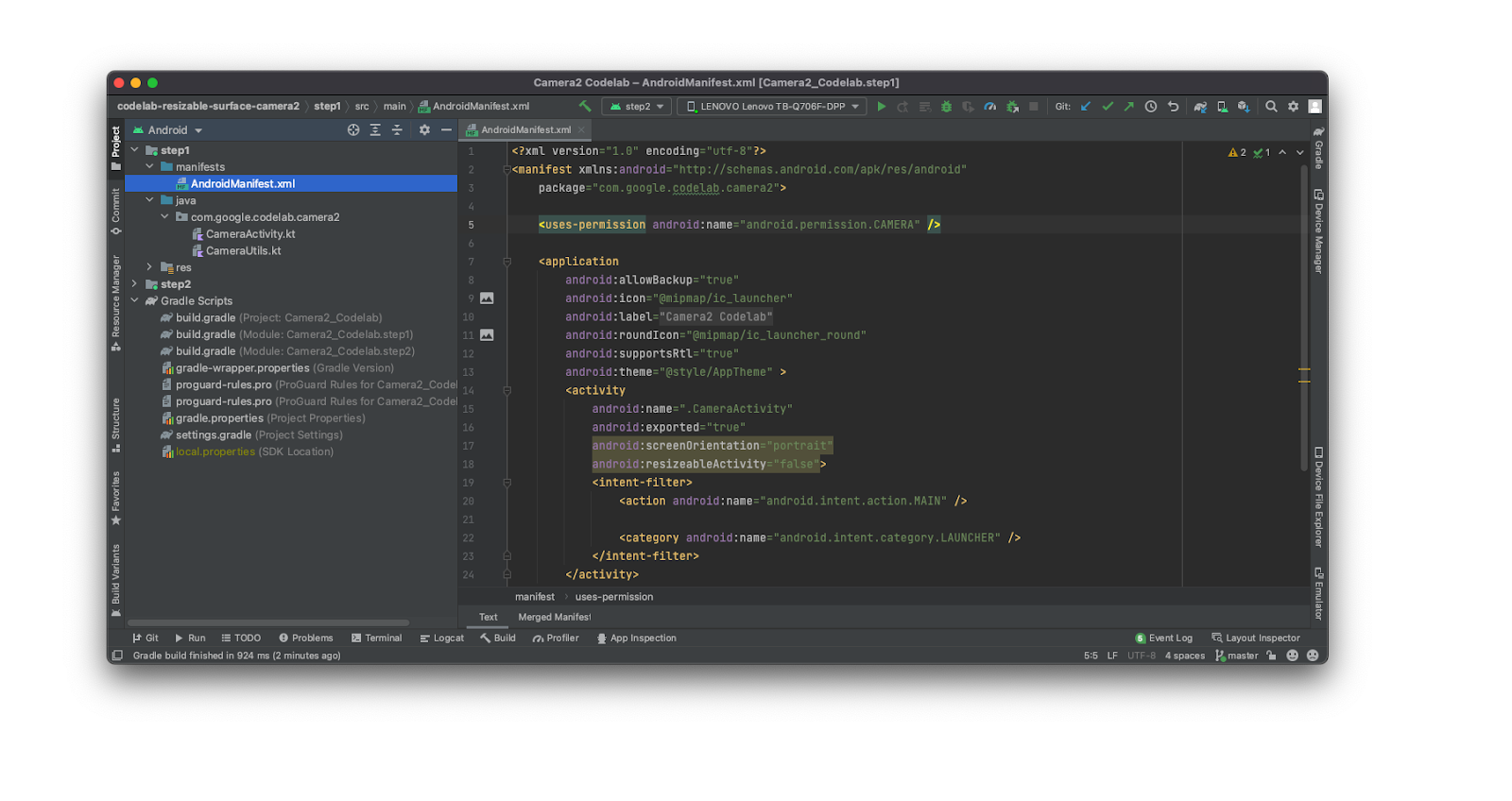 Screenshot Android Studio yang menampilkan kode yang terkait dengan codelab ini