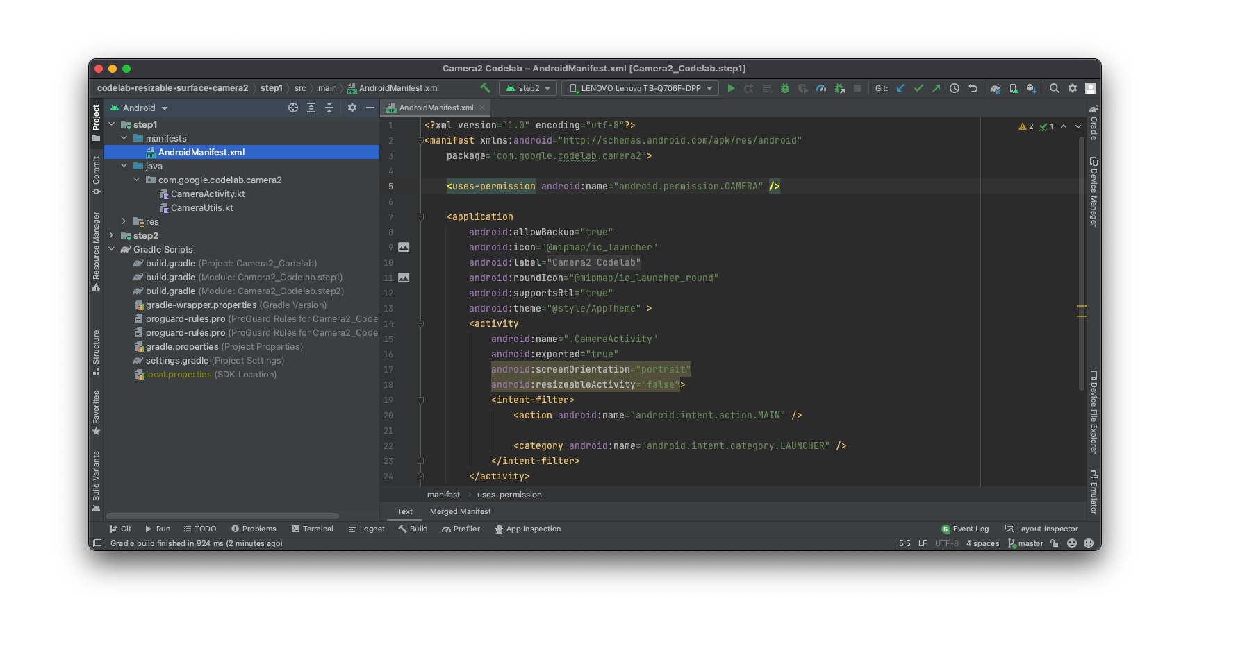 Screenshot di Android Studio che mostra il codice relativo a questo codelab