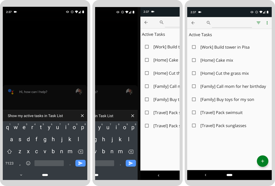 Ba màn hình tiến trình cho thấy Trợ lý Google đang hiển thị các việc cần làm trong một ứng dụng.