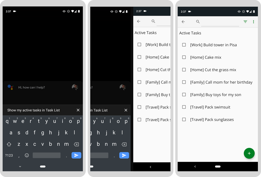Três telas progressivas em que o Google Assistente exibe tarefas ativas em um app.
