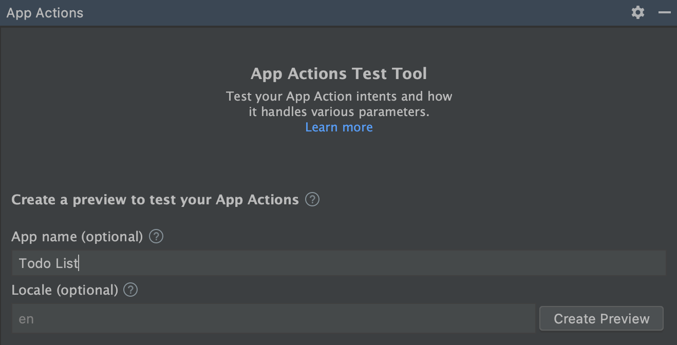 แผงสร้างตัวอย่างเครื่องมือทดสอบ App Actions