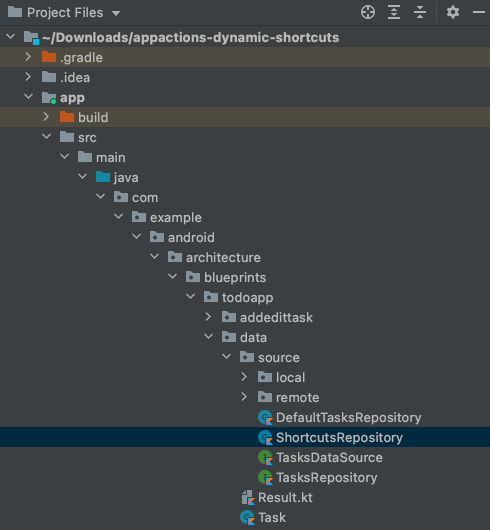 ShortcutsRepository sınıfının konumunu gösteren Android Studio penceresi.