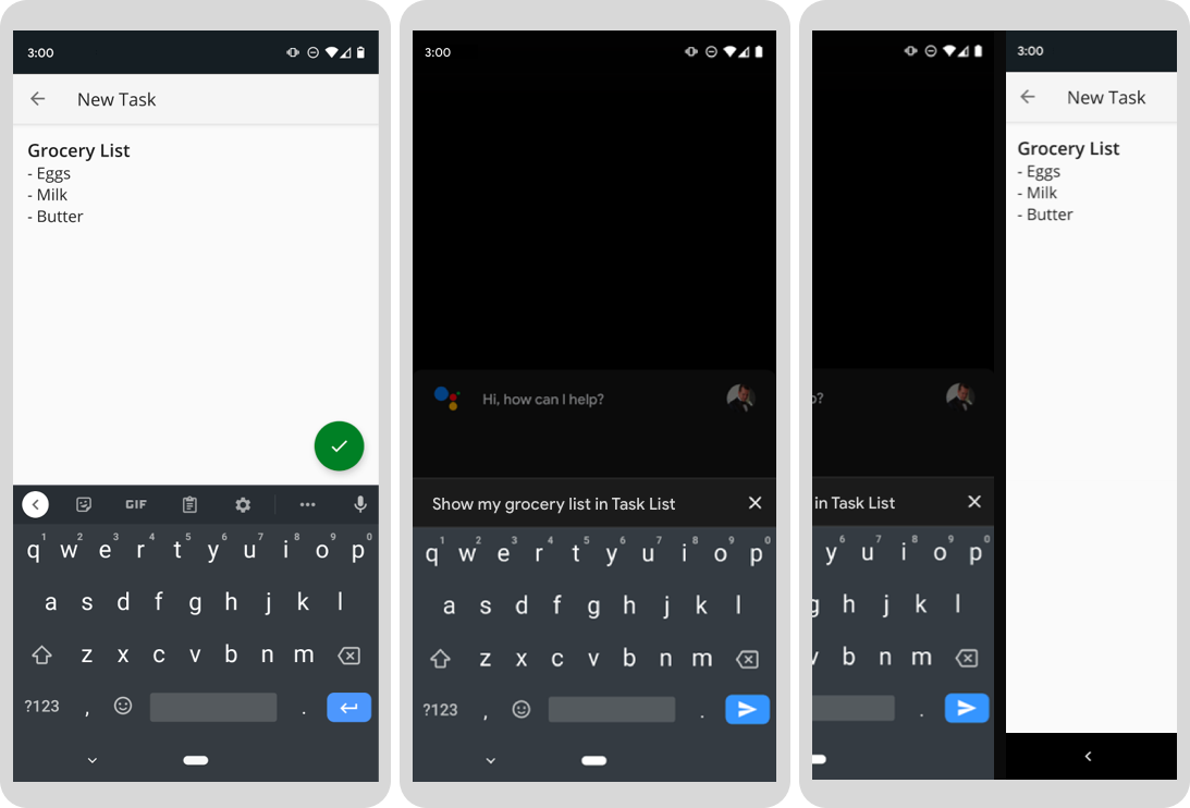 Ba màn hình tiến triển cho thấy Trợ lý Google đang chạy một lối tắt động.