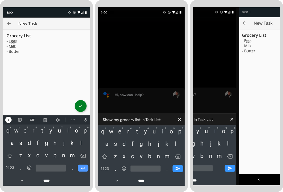 Trois écrans progressifs sur lesquels l'Assistant Google lance un raccourci dynamique.
