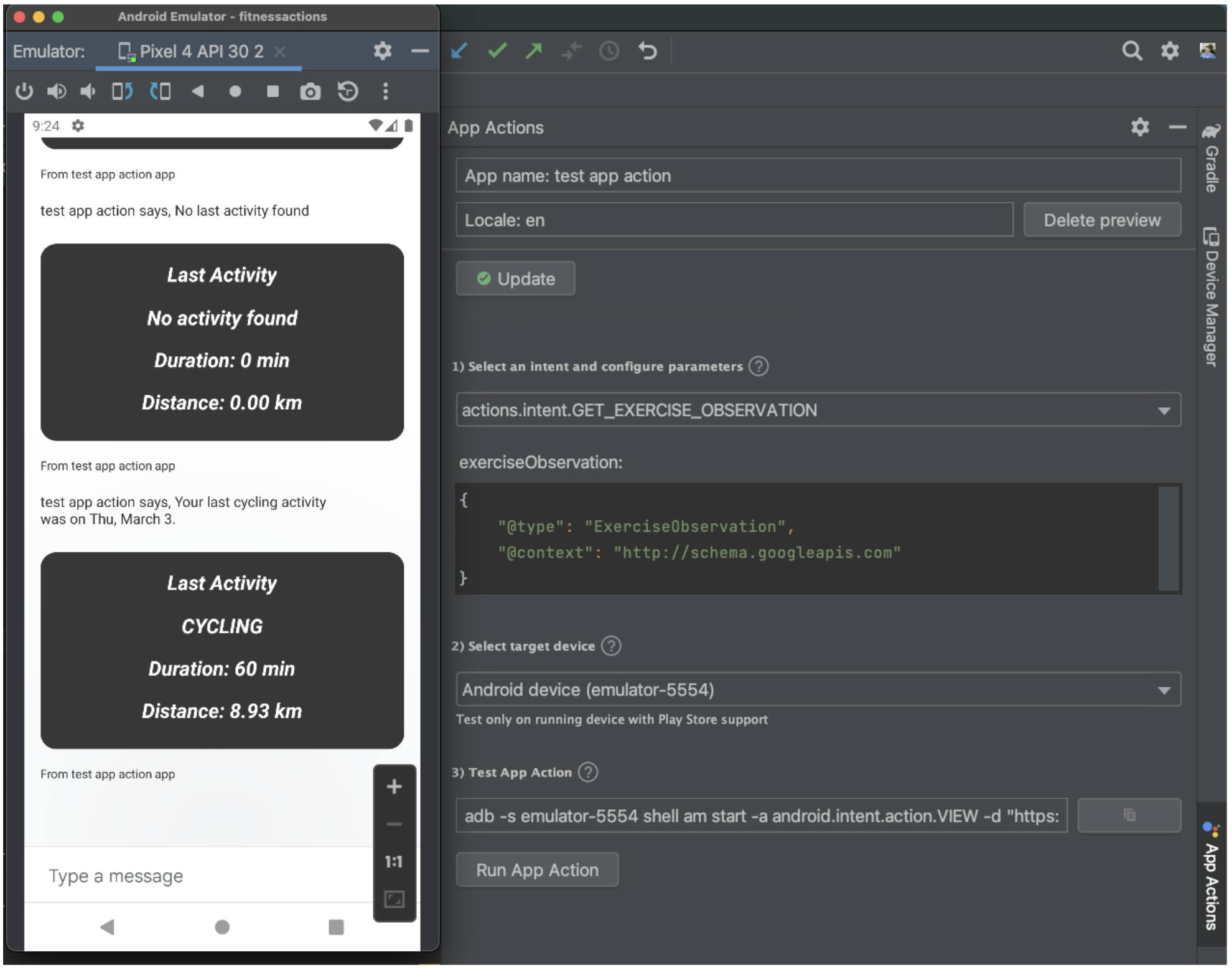 Google 어시스턴트 플러그인을 사용하여 마지막으로 기록된 활동을 표시하는 위젯을 보여주는 화면
