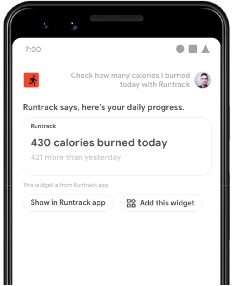 앱의 GET_EXERCISE_OBSERVATION BII 기능을 트리거한\n사용자 쿼리에 대한 응답으로 위젯을 반환하는 어시스턴트를 보여주는 화면