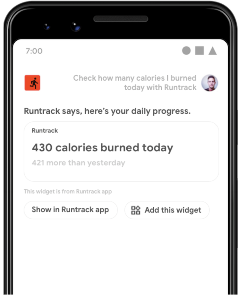 Uma tela mostrando o Google Assistente retornando um widget em resposta a uma\nconsulta do usuário para acionar um recurso de BII do app GET_EXERCISE_OBSERVATION.