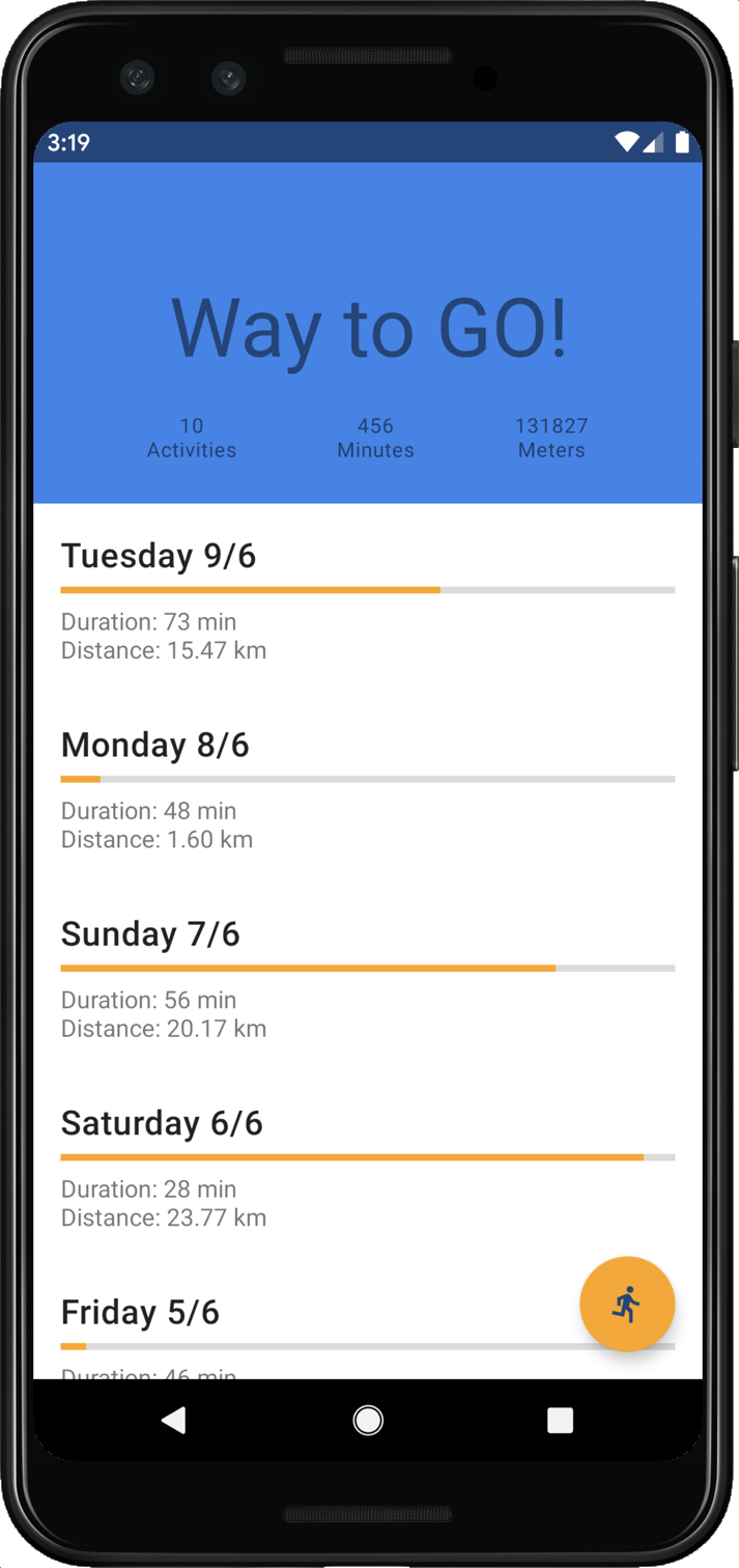 Ponsel dengan aplikasi Fit Actions terbuka, menampilkan statistik olahraga.