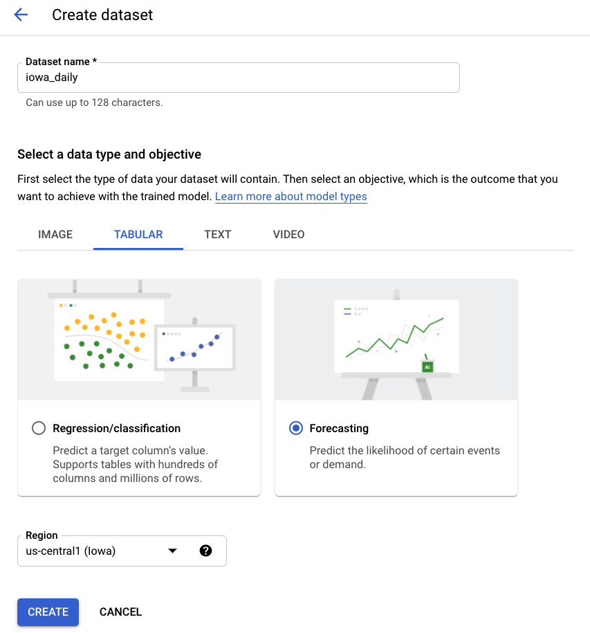 A screenshot of Google AutoML Tables, showing the interface for sales forecasting. The image shows the setup page