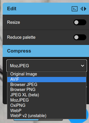 Menu suspenso do Squoosh