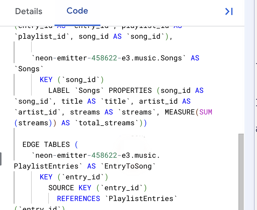 Onglet "Code", défilement jusqu'au nœud "Songs", MEASURE(SUM(streams)) AS total_streams visible