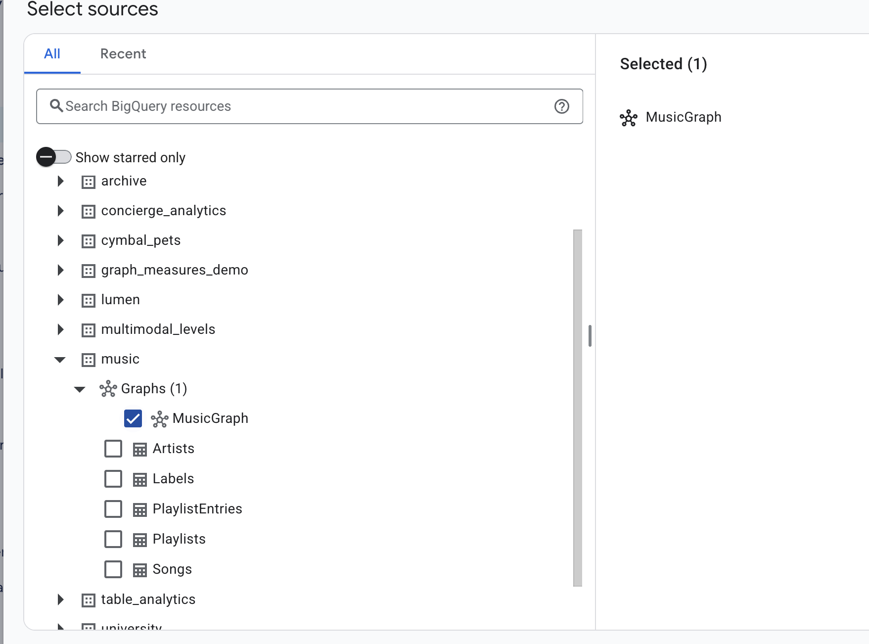 the Select sources dialog with MusicGraph ticked and Selected (1)