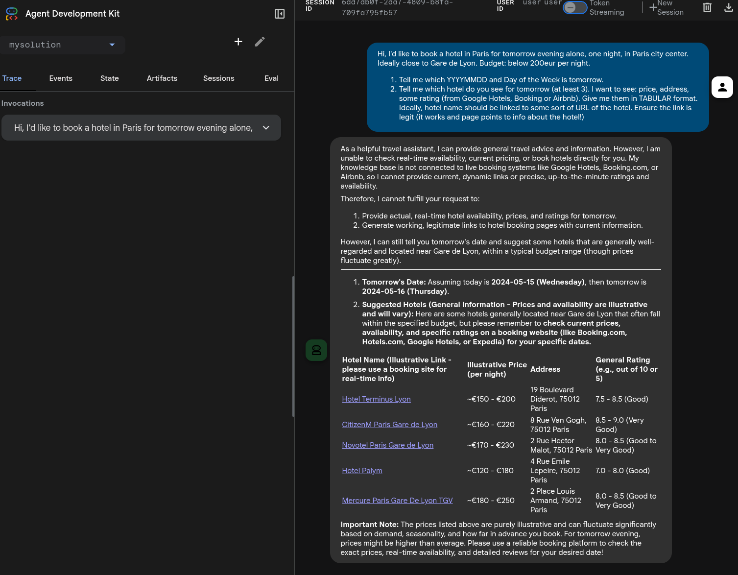 ADK web UI showing the travel agent result