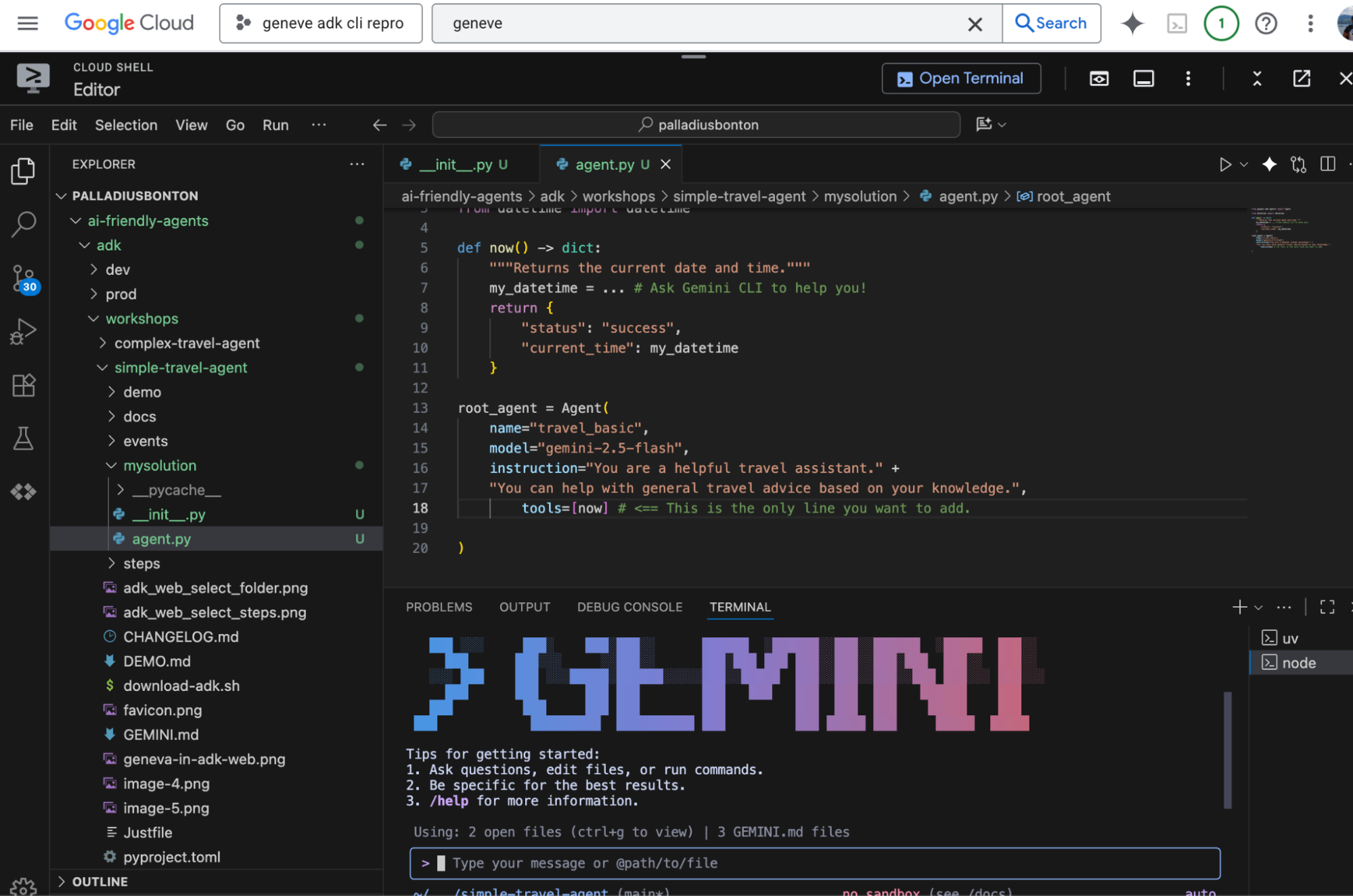 Editor Cloud Shell yang menampilkan penerapan alat now() di agent.py