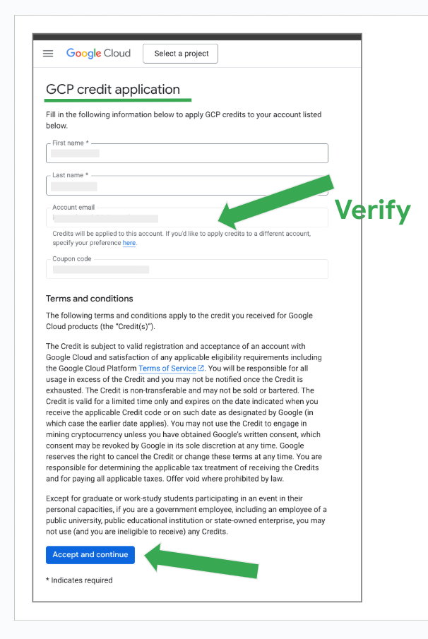 Formulario de solicitud de créditos de GCP