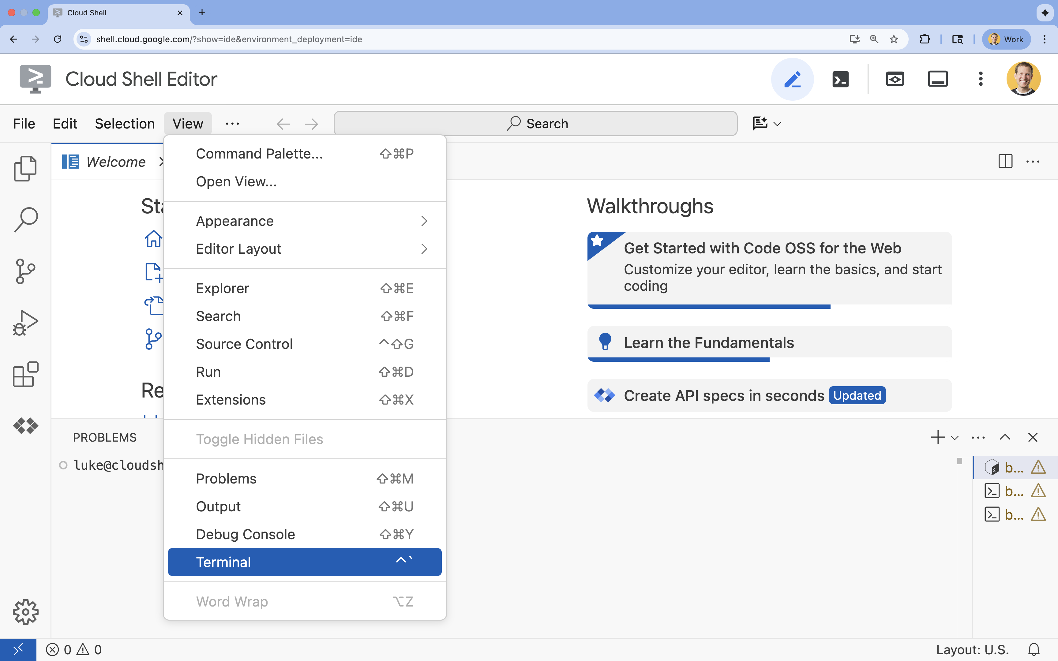 Membuka terminal baru di Cloud Shell Editor