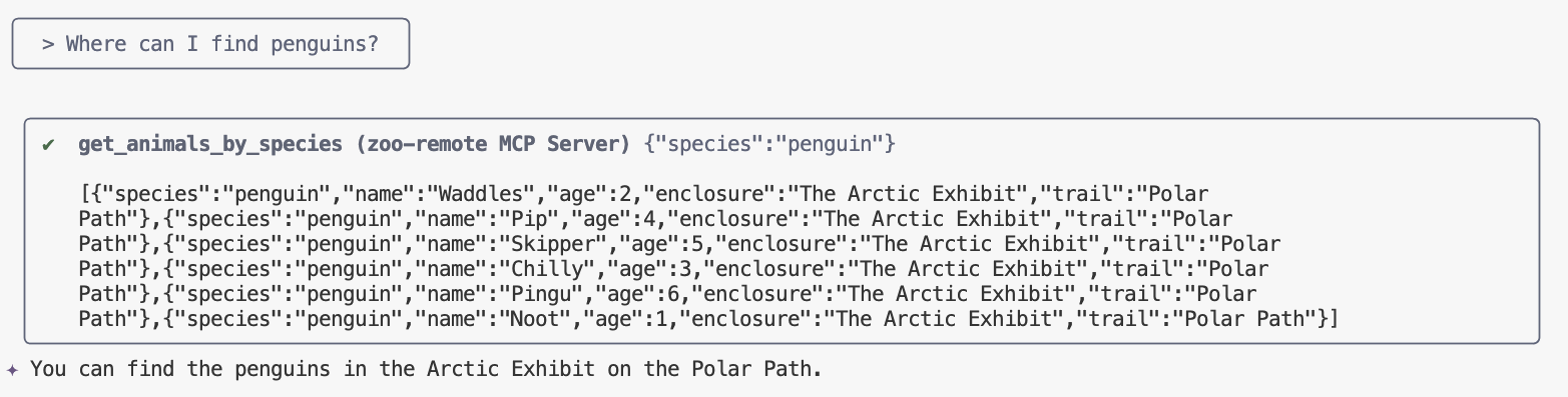 Gemini CLI show zoo mcp server result