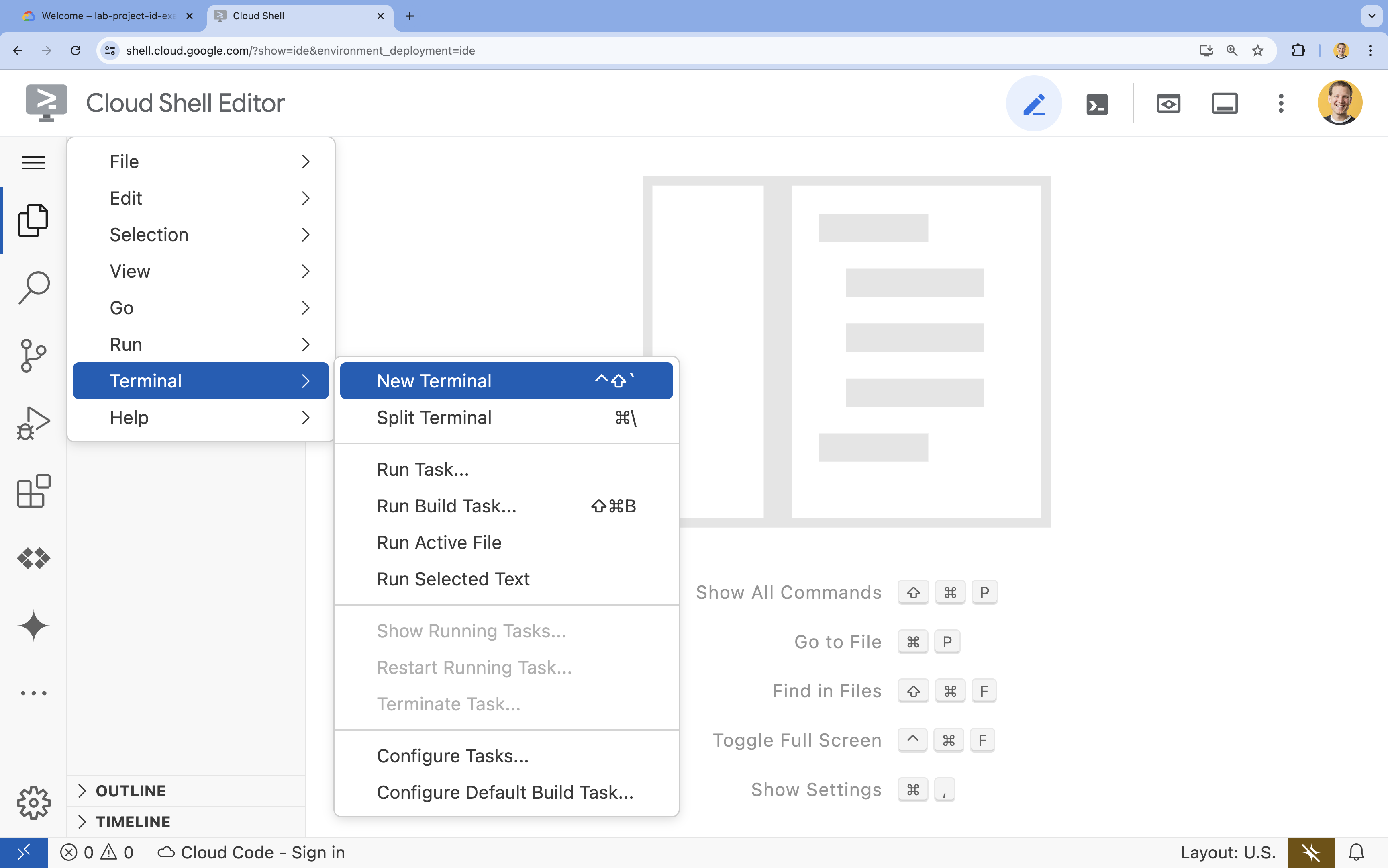 Abre una terminal nueva en el editor de Cloud Shell