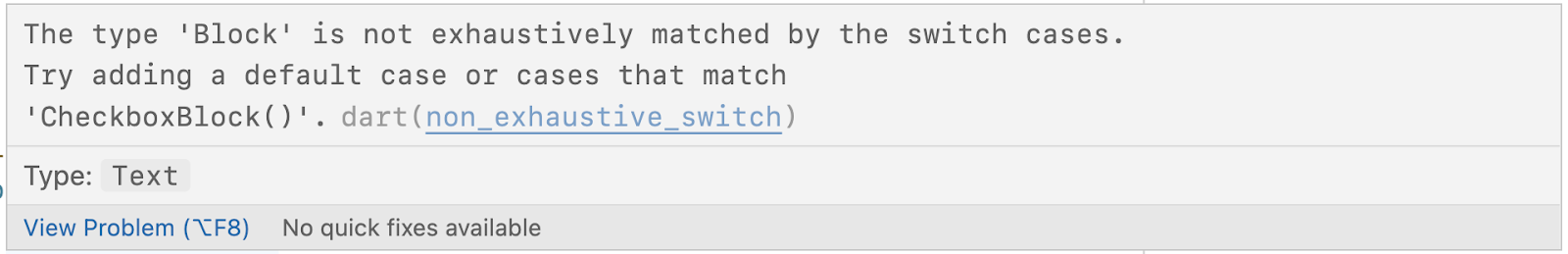 A warning in VS Code that warns that not all cases are exhaustively checked.