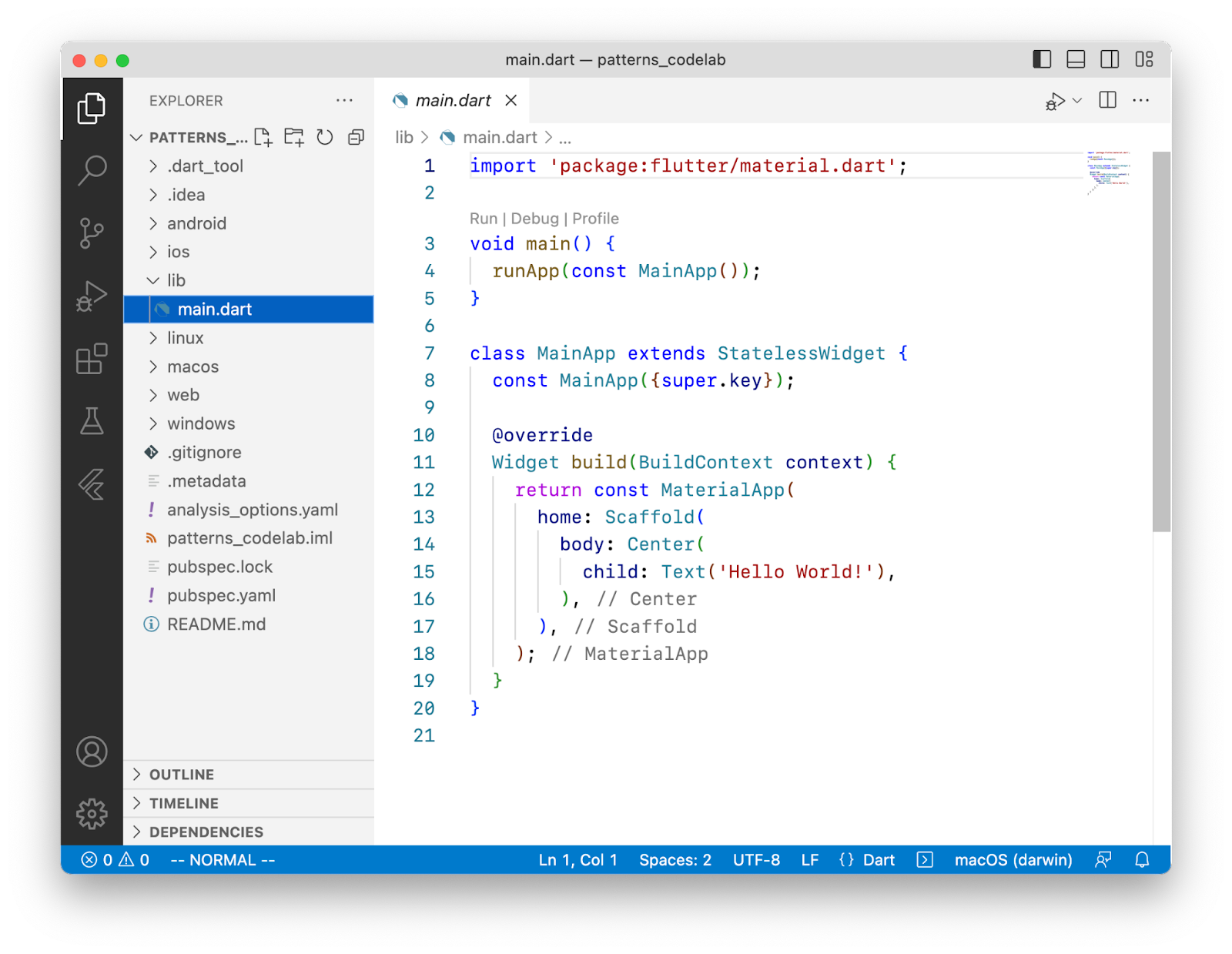 Screenshot von VS Code mit dem Projekt, das mit „flutter create“ erstellt wurde .