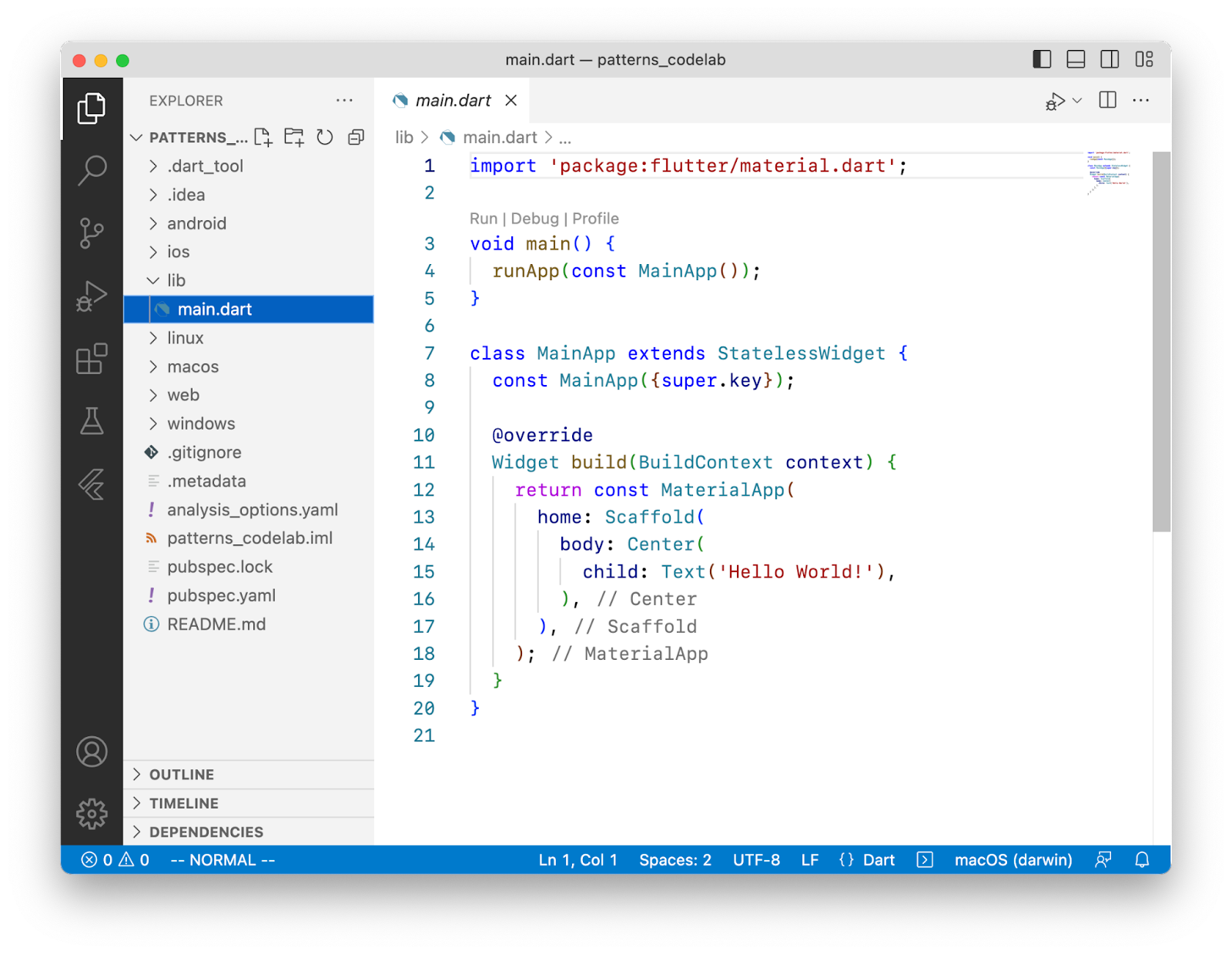 「flutter create」コマンドで作成されたプロジェクトを表示している VS Code のスクリーンショット。