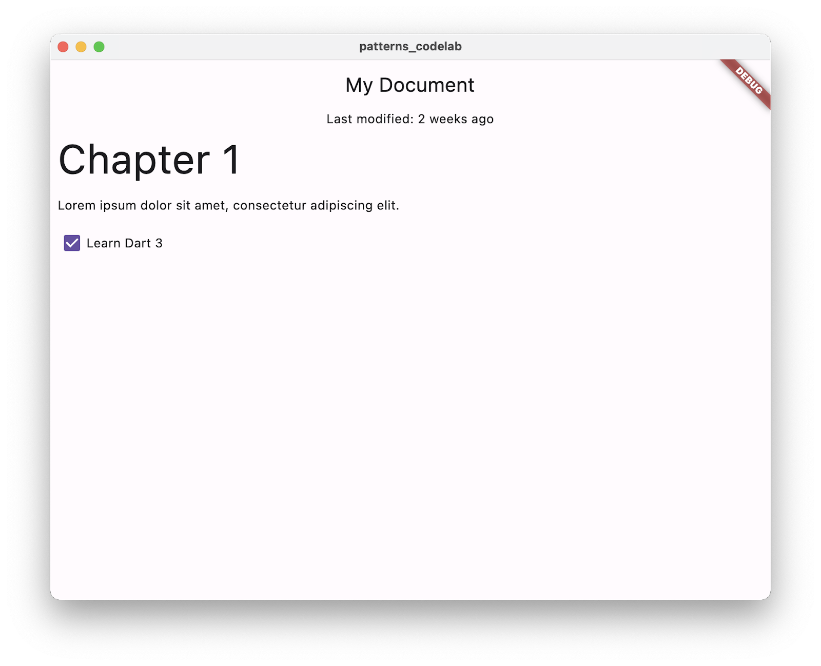 The final application you build in this codelab, a document with a title, the last modification date, headers and paragraphs.